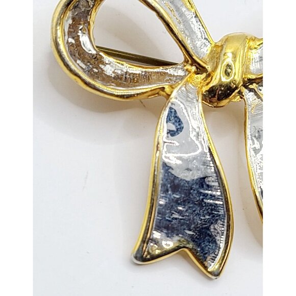 Brooch Women's Bow Ribbon Unsigned Pin Silver & Gold Fashion Jewelry - Picture 2 of 6